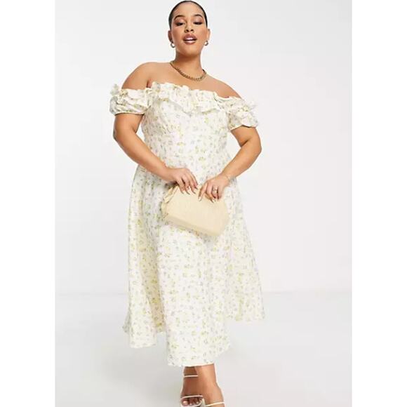 Ever New Curve SZ 18 Bardot Frill Midi Dress in Lemon Ditsy Floral - Picture 1 of 7